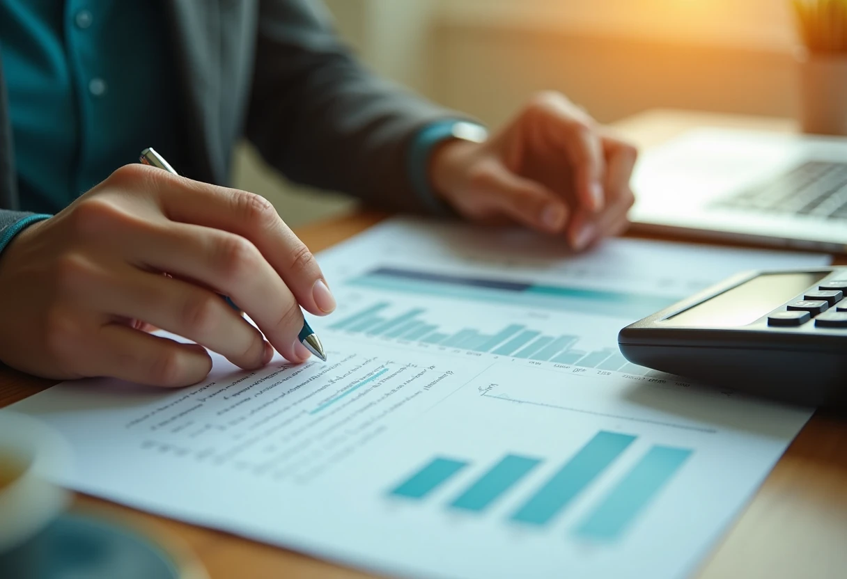 A close-up of a person reviewing loan documents at a wooden desk, with a calculator, a cup of coffee, and a laptop open to a financial website. The warm lighting creates a focused, serious atmosphere, emphasizing the importance of careful loan assessment.