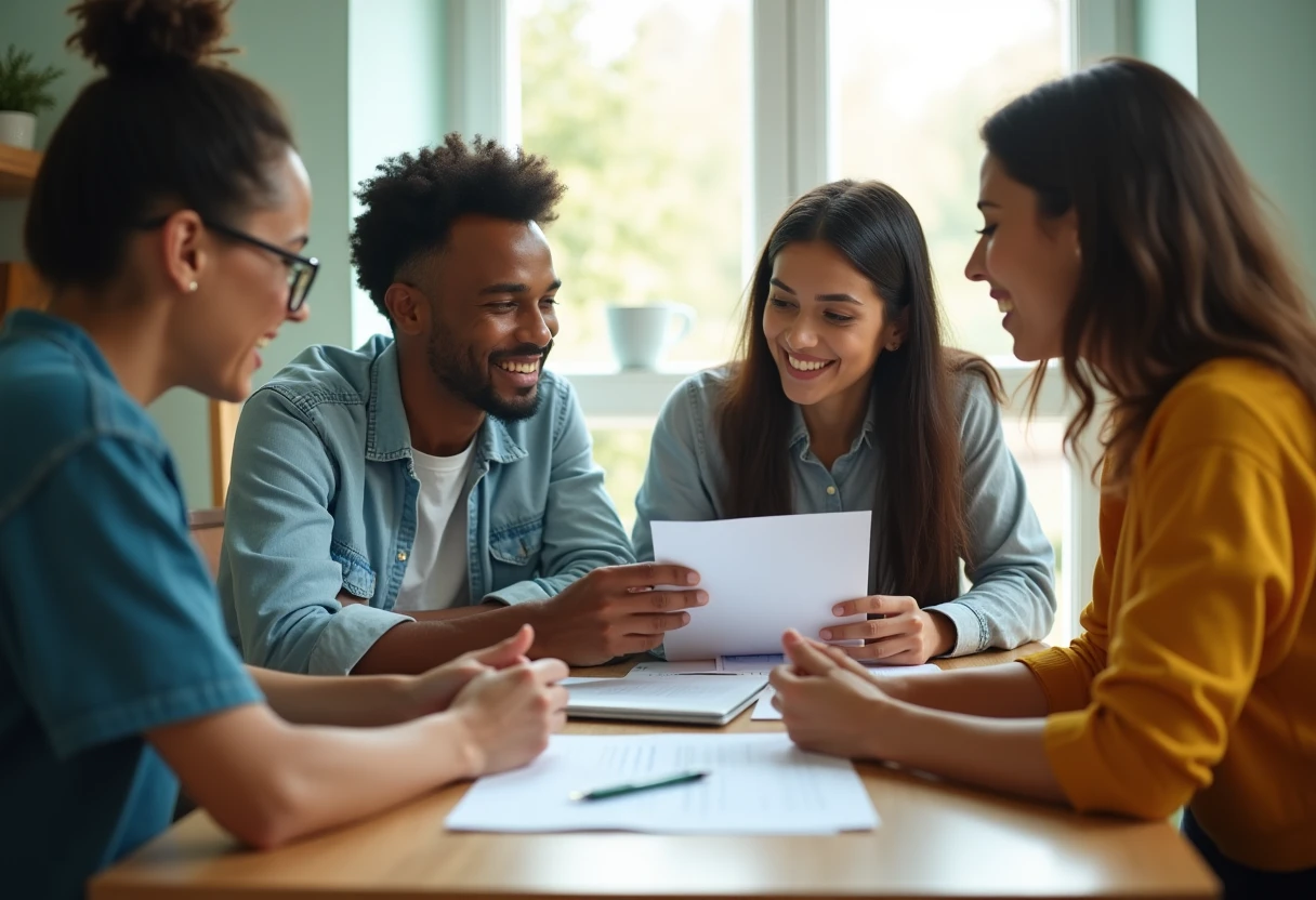 A diverse group of individuals sits around a table, reviewing personal loan documents and discussing options. The scene is bright and inviting, with warm colors like soft yellows and greens, conveying a sense of collaboration and informed decision-making in a cozy home office setting.