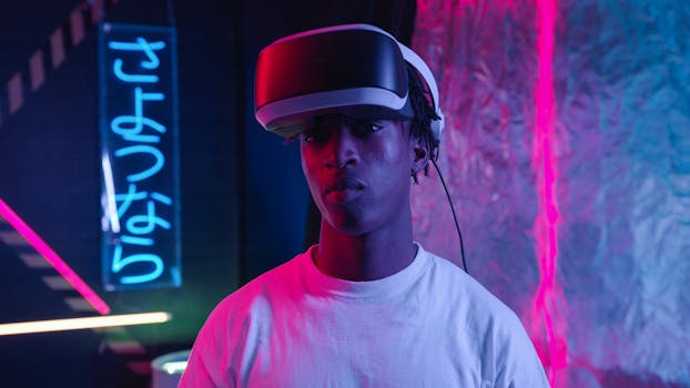 A man immersed in virtual reality gaming, surrounded by vibrant neon lights and Japanese signage.