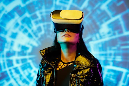 A woman using a VR headset immersed in a digital virtual reality environment.