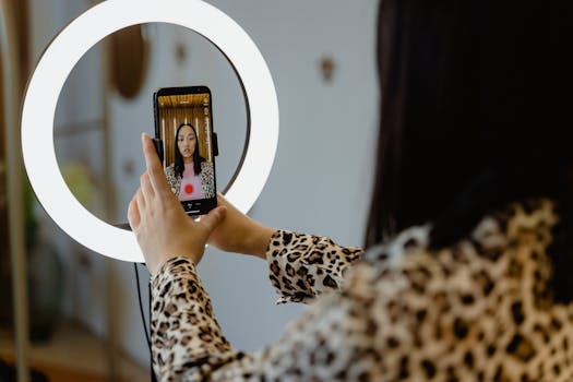 An Asian woman uses a smartphone and ring light for content creation. Ideal for social media themes.