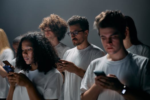 Group of young adults focused on their smartphones, embodying modern social technology and isolation.