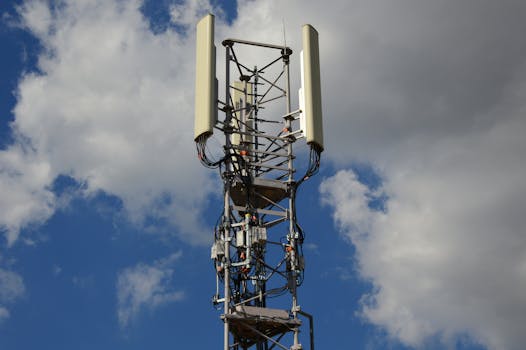 High-angle view of a modern cell tower with technology components against a blue sky with clouds.