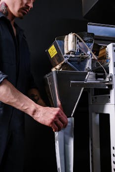 Man in uniform operating a coffee packaging machine in a modern workspace.