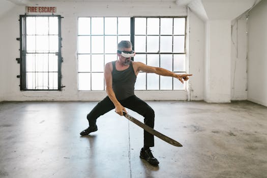 Man practicing sword skills with a VR headset in a spacious room, blending technology and martial arts.