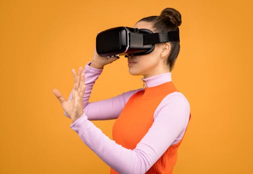 Woman with VR headset immersed in a virtual reality experience against an orange background.