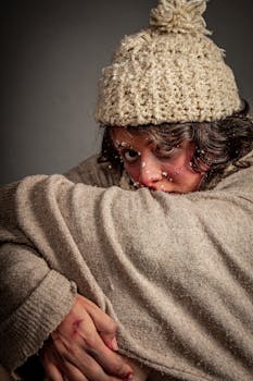 A dramatic close-up portrait of an adult wrapped in a warm knit sweater with snowy details, evoking a wintery and introspective mood.