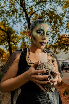 An artistic portrayal with surreal makeup holding a skull in Mexico City.