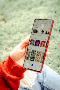 Close-up of a hand holding a smartphone with a red case, displaying social media.